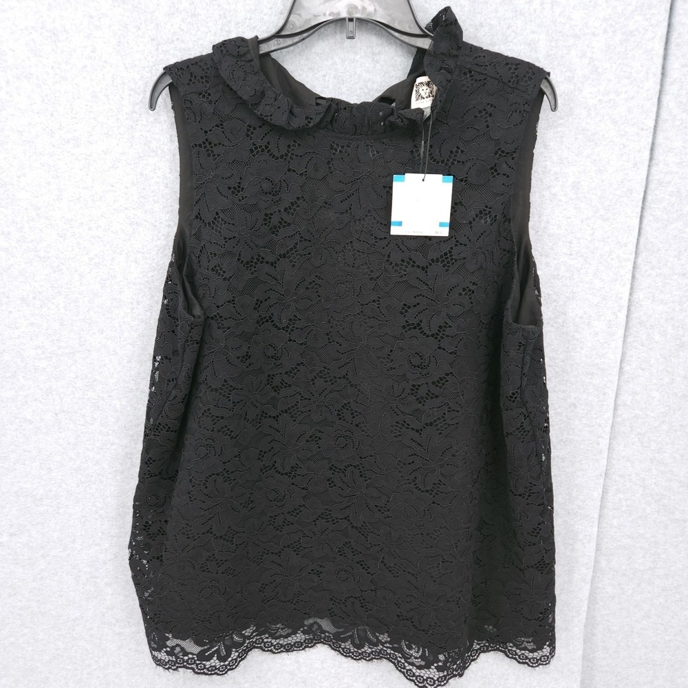 Anne Klein Floral Black Pullover Mock Tie Neck Lace Blouse Womens Size XL NWT